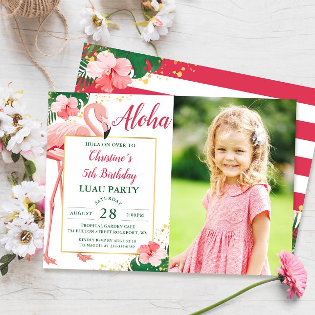Invitación Foto Aloha Tropical Flamingo Floral Rosa (Subido por el creador)
