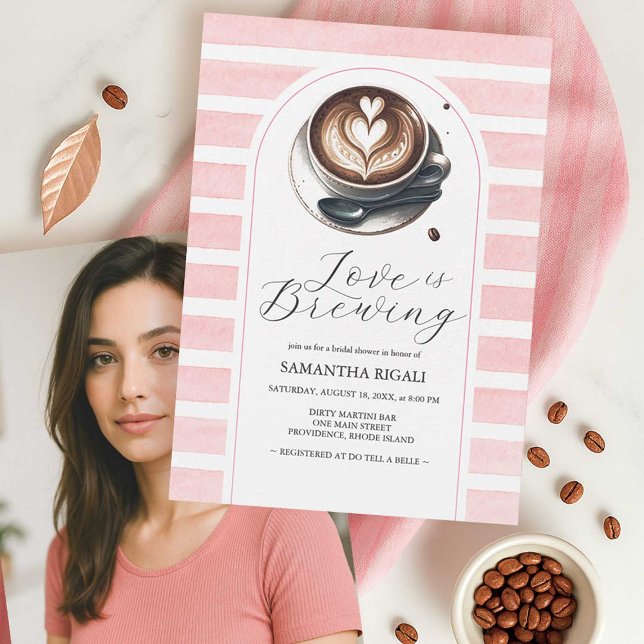 Invitación Foto: Amor Rosa Está Preparando Ducha De Novias (Photo bridal shower invitation from the Pink Love Is Brewing collection featuring coffee themed)