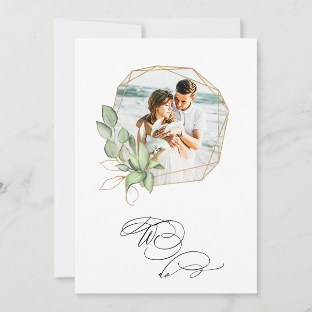 Invitación *~* FOTO AR6 RSVP + QR Boda Geométrico Gold (Anverso)