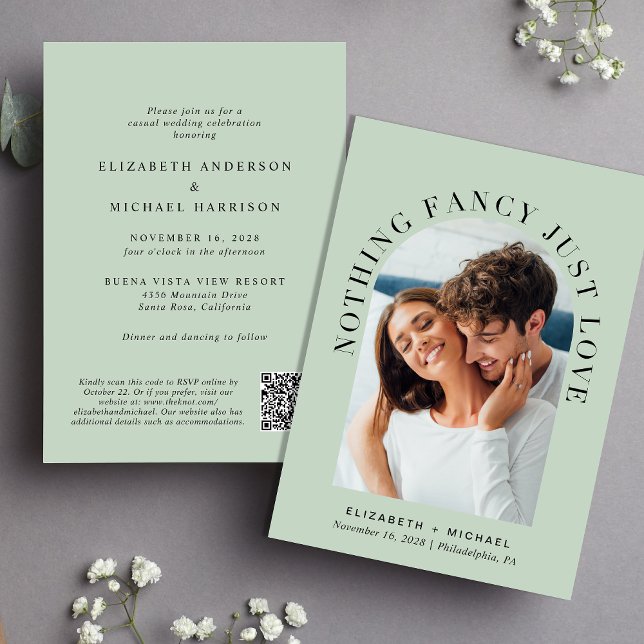 Invitación Foto Arch Código QR Nada Fancy Just Love Boda (Celebrate your love story with an invitation showcasing your favorite photo in an elegant arch frame)