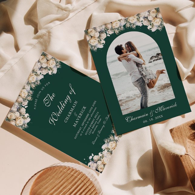 Invitación Foto Arch Con Rosas Blancas Boda Verde Esmeralda (Subido por el creador)