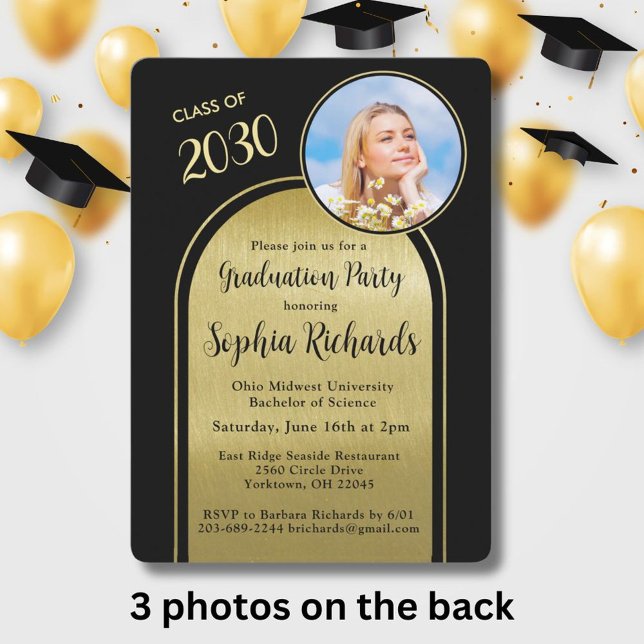 Invitación Foto Arch Elegant Black Gold Graduation Party (Subido por el creador)