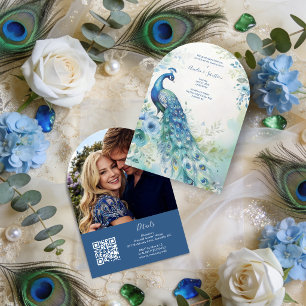 Invitación Foto Arco de Boda Elegante Pavo Real QR TLW26