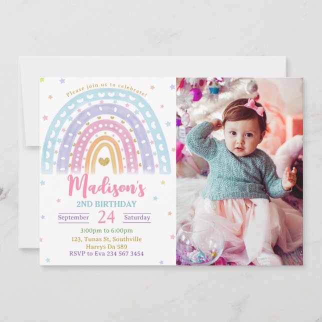 Invitación Foto arcoiris Cumpleaños Pastel (Anverso)