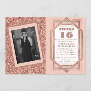 Invitación Foto Art Déco Cumpleaños Dulces 16 Rosa Dorado Bri
