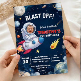Invitación Foto Astronauta Cumpleaños Cohete Espacio Exterior