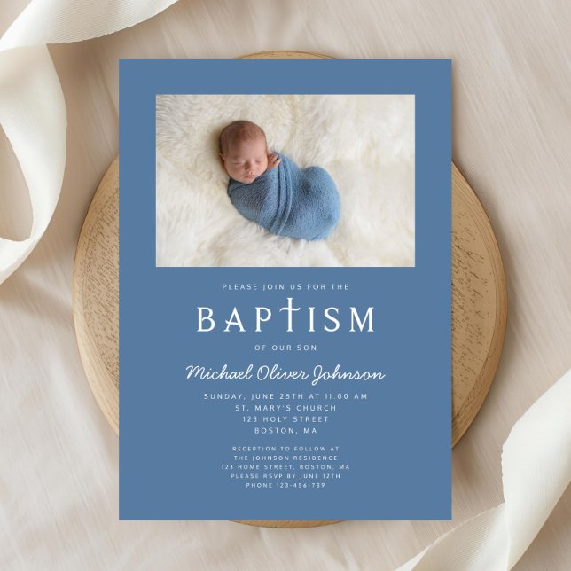 Invitación Foto azul: bautismo de travesía religiosa (Blue Photo Religious Cross Boy Baptism Invitation)