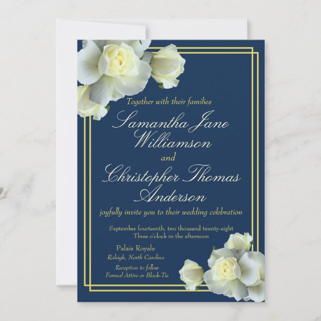 Invitación Foto azul de la Marina Elegante Guión dorado Rosa  (Anverso)