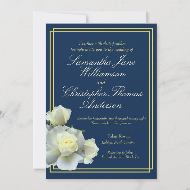 Invitación Foto azul de la Marina Elegante Guión dorado Rosa  (Anverso)