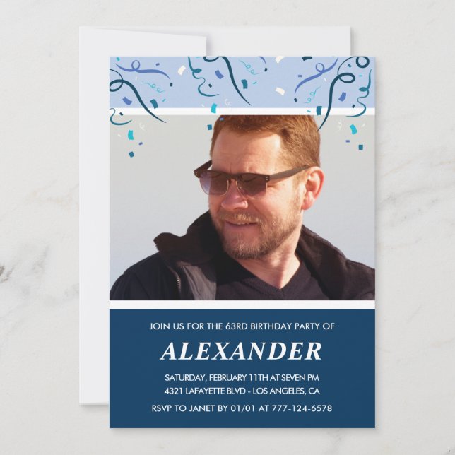 Invitación Foto azul de la Marina Moderna Hombre 63 años (Anverso)