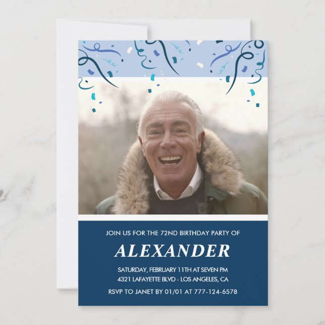 Invitación Foto azul de la Marina Moderna Hombre 72 cumpleaño (Anverso)
