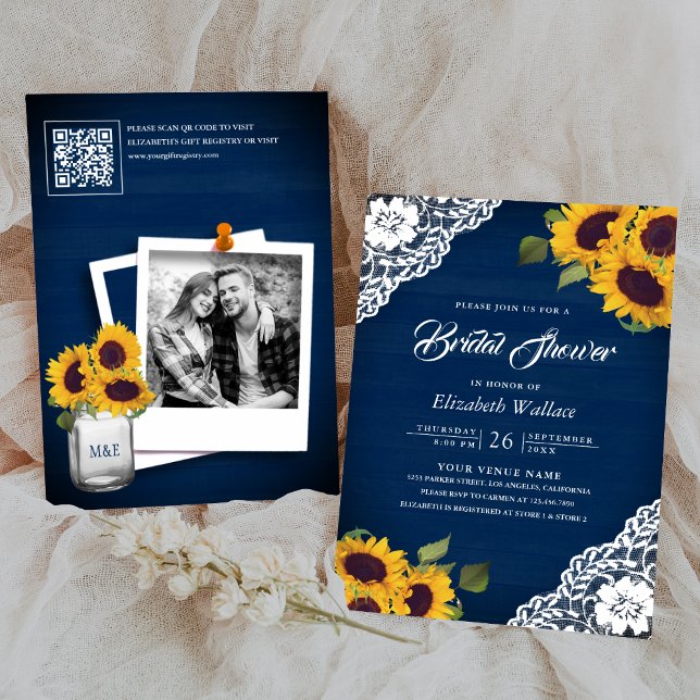 Invitación Foto azul de la Marina Sunflower Código QR Ducha d (Subido por el creador)