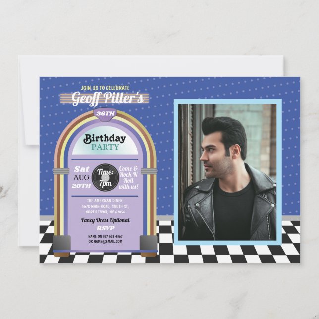 Invitación Foto azul de la música de los años 50 del comensal (Anverso)