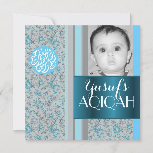 Invitación Foto azul del aqiqah del bebé musulmán (Anverso)