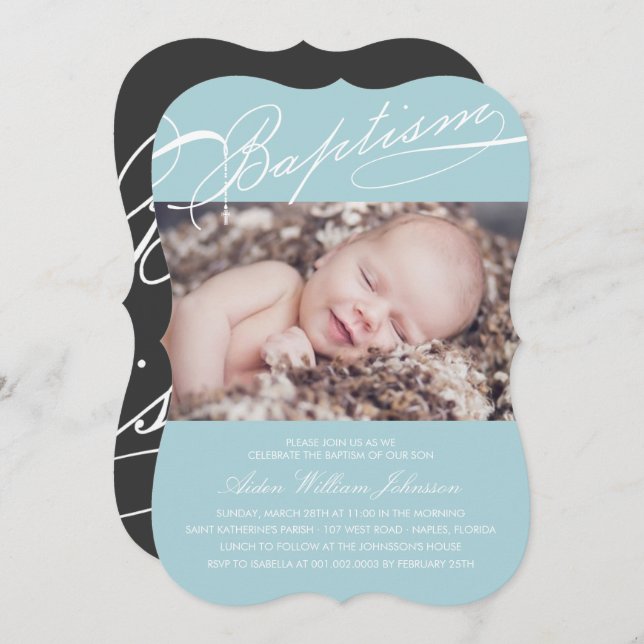 Invitación Foto azul del bautismo de la cruz con guión del (Anverso / Reverso)