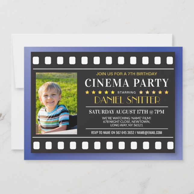 Invitación Foto azul del niño de cine de la fiesta de cumplea (Anverso)