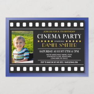 Invitación Foto azul del niño de cine de la fiesta de cumplea
