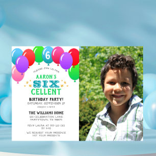Invitación Foto azul en globo de 6° cumpleaños