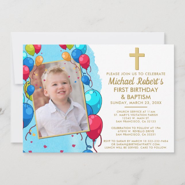 Invitación Foto azul lindo niño bautismo de primer cumpleaños (Anverso)