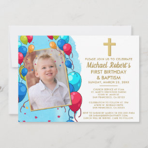 Invitación Foto azul lindo niño bautismo de primer cumpleaños