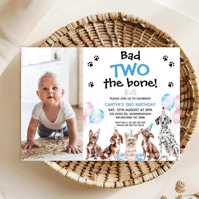 Invitación Foto Azul Malo Dos Los Perros Óseos Segundo Cumple (Bad To The Bone Birthday Invitation For Boy, Dog Themed Birthday Invitation Template with Photo, )