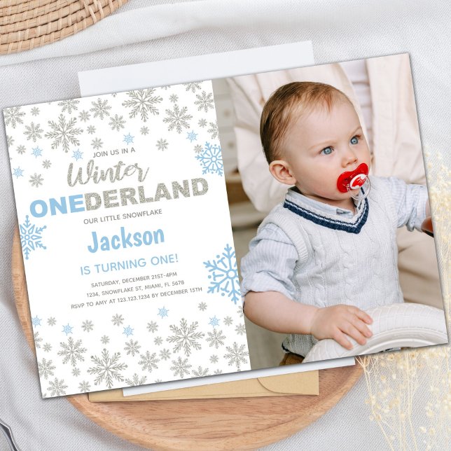 Invitación Foto azul NieveFlake Invierno Cumpleaños Tierra de (Blue Photo SnowFlake Winter Birthday Onederland Invitation)