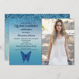 Invitación Foto azul purpurina Quinceanera Cumpleaños