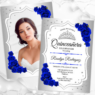Invitación Foto azul real de plata blanca Quinceanera