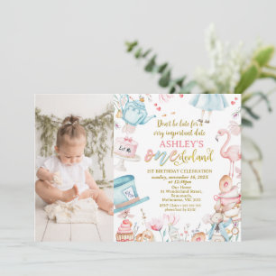 Invitación Foto azul rosa Alice Onederland Primer cumpleaños