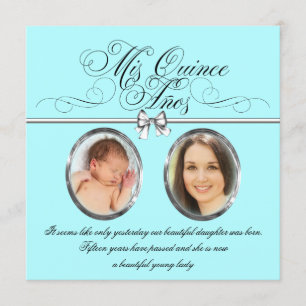 Invitación Foto azul Verde azulada de bonito Quinceanera