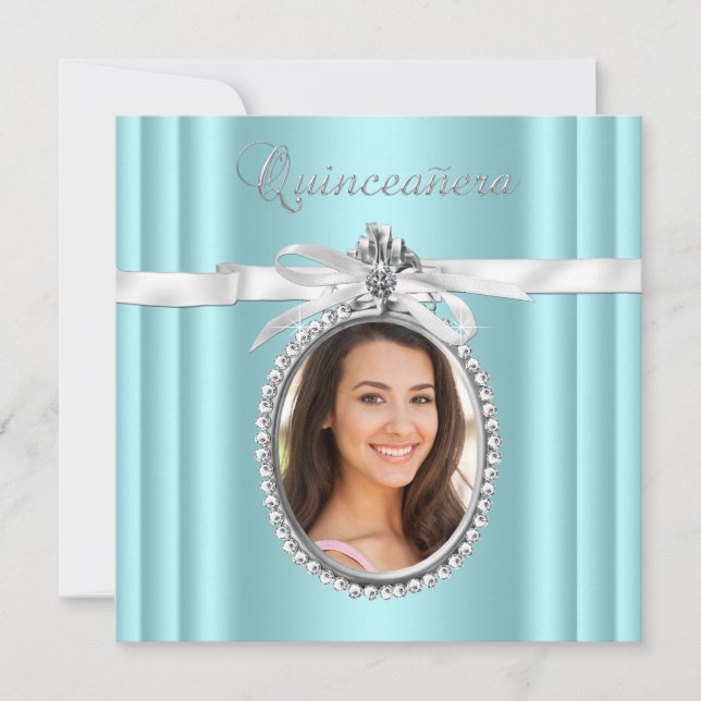 Invitación Foto azul Verde azulada de bonito Quinceanera (Anverso)
