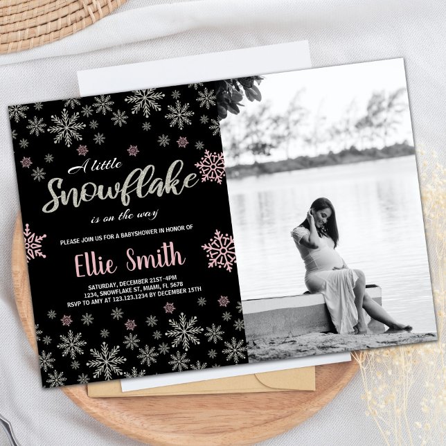 Invitación Foto Baby Shower Black Pink Silver de invierno (Black Pink Silver Winter Baby Shower Photo Invitation)