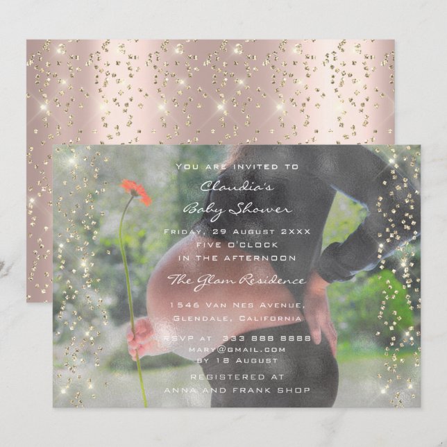 Invitación Foto Baby Shower Cumpleaños Rosa Gold Confetti (Anverso / Reverso)