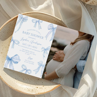 Invitación Foto Baby Shower de Blue Coquette Bow