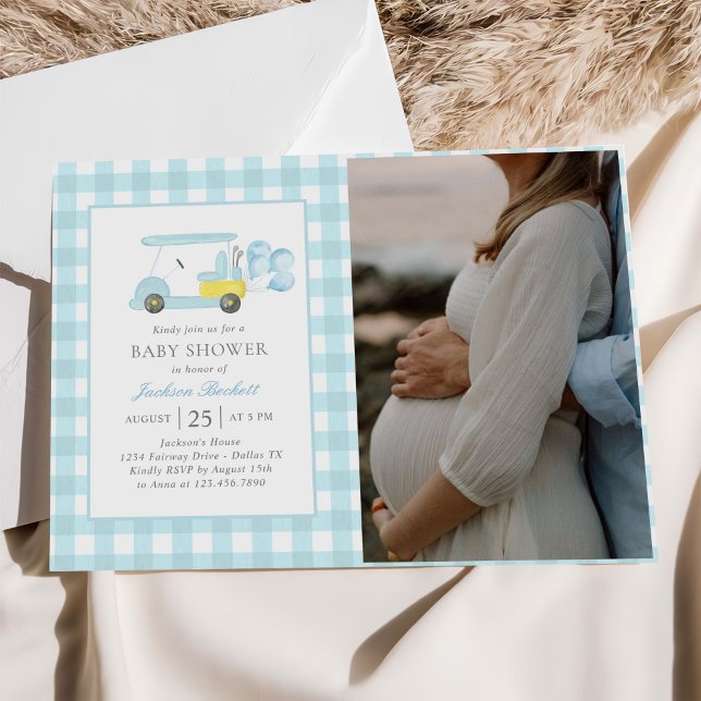 Invitación Foto Baby Shower de Blue Gingham Golf Boy (Subido por el creador)