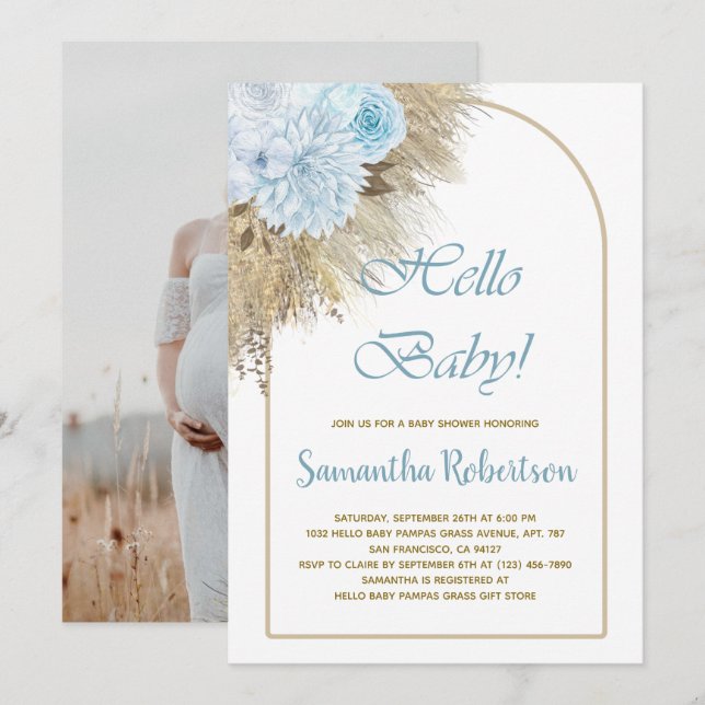 Invitación Foto Baby Shower de Blue Pampas Grass Boho Boy (Anverso / Reverso)