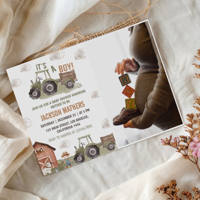 Invitación Foto Baby Shower de Farm Green Tractor (Subido por el creador)