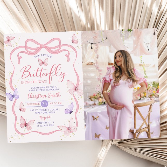 Invitación Foto Baby Shower de mariposa morada rosada (Subido por el creador)