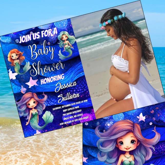 Invitación Foto Baby Shower de Mermaid Deep Blue Purple Sea (Stunning deep blue and purple sea Mermaid Baby Shower theme.)