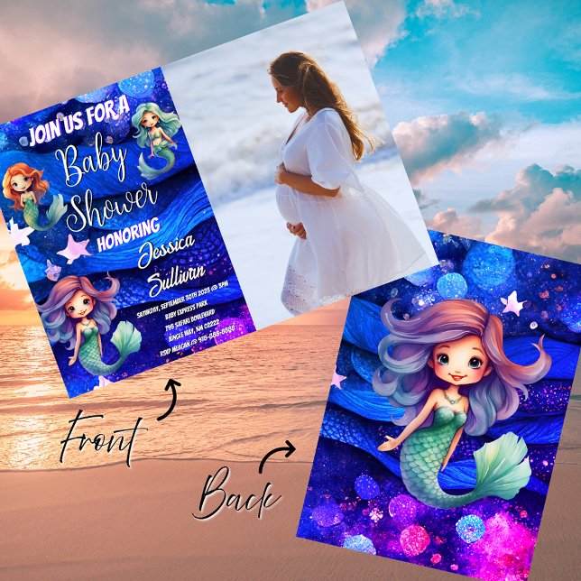 Invitación Foto Baby Shower de Mermaid Deep Blue Purple Sea (Mermaid Personalized Photo of Mom to be Under Water Baby Shower Invitations)