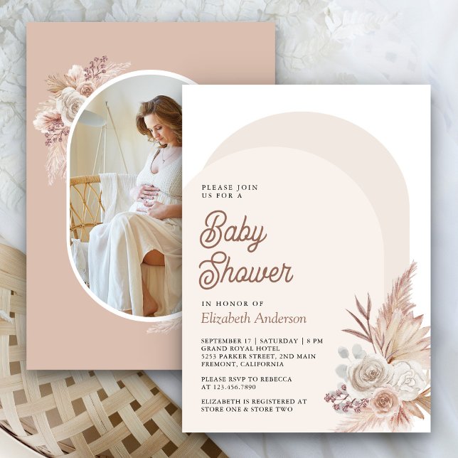 Invitación Foto Baby Shower de Neutral Beige Floral Pampas (Subido por el creador)