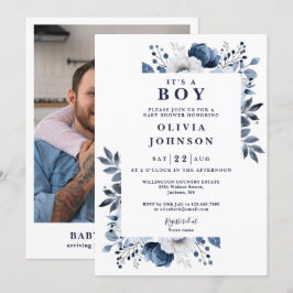 Invitación Foto Baby Shower De Una Armada De Niños Floral Azu