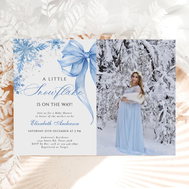 Invitación Foto Baby Shower de Winter Blue Bow Snowflakes (Subido por el creador)