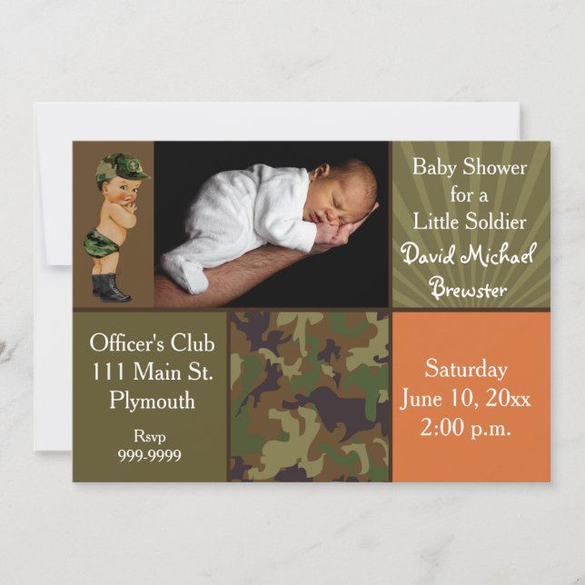 Invitación Foto Baby Shower del camuflaje del verde caqui (Anverso)