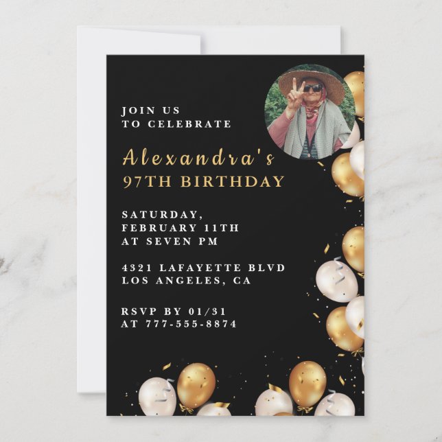 Invitación Foto: Balón de oro negro cumpleaños 97 (Anverso)