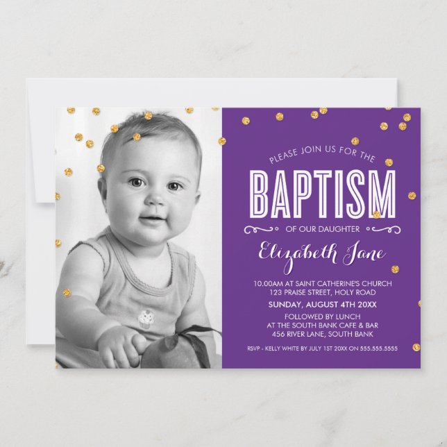Invitación FOTO BAPTISM adorable purpurina de oro confetti mo (Anverso)