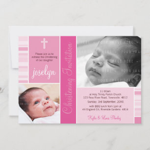 Invitación FOTO BAPTISM bonito esencia rayada patrón rosado