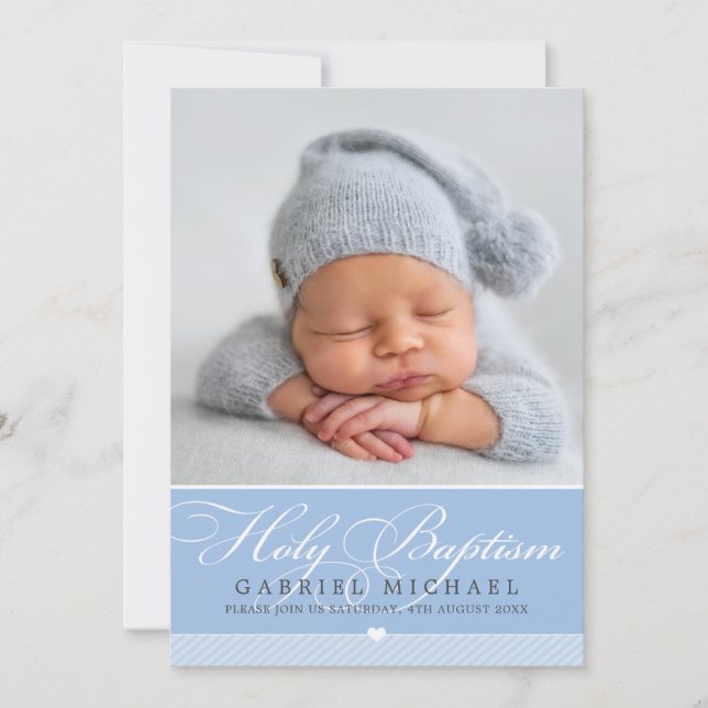Invitación FOTO BAPTISM elegante caligrafía niño dulce azul (Anverso)