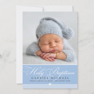 Invitación FOTO BAPTISM elegante caligrafía niño dulce azul