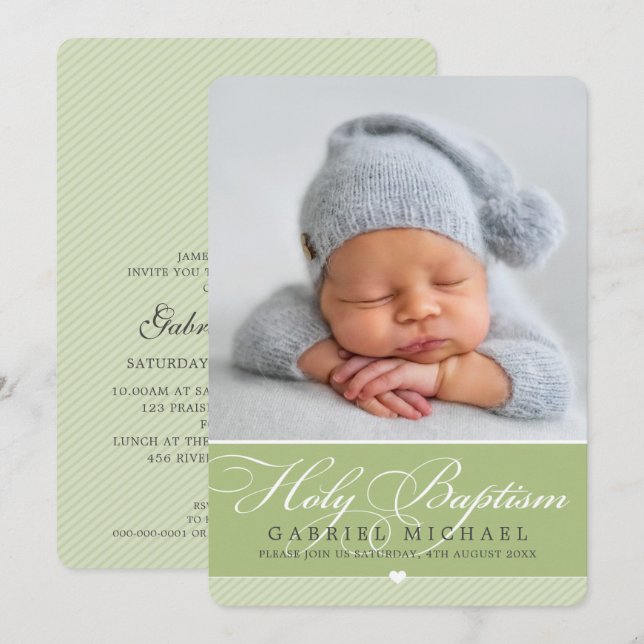 Invitación FOTO BAPTISM elegante caligrafía niño dulce verde (Anverso / Reverso)